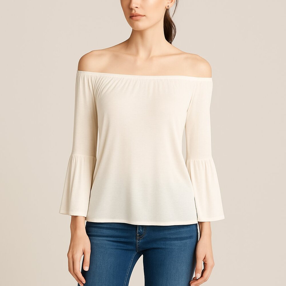 Chaser NEW Boho Y2K Off Shoulder Bell Sleeve Cream Peasant Knit Soft Top Size M